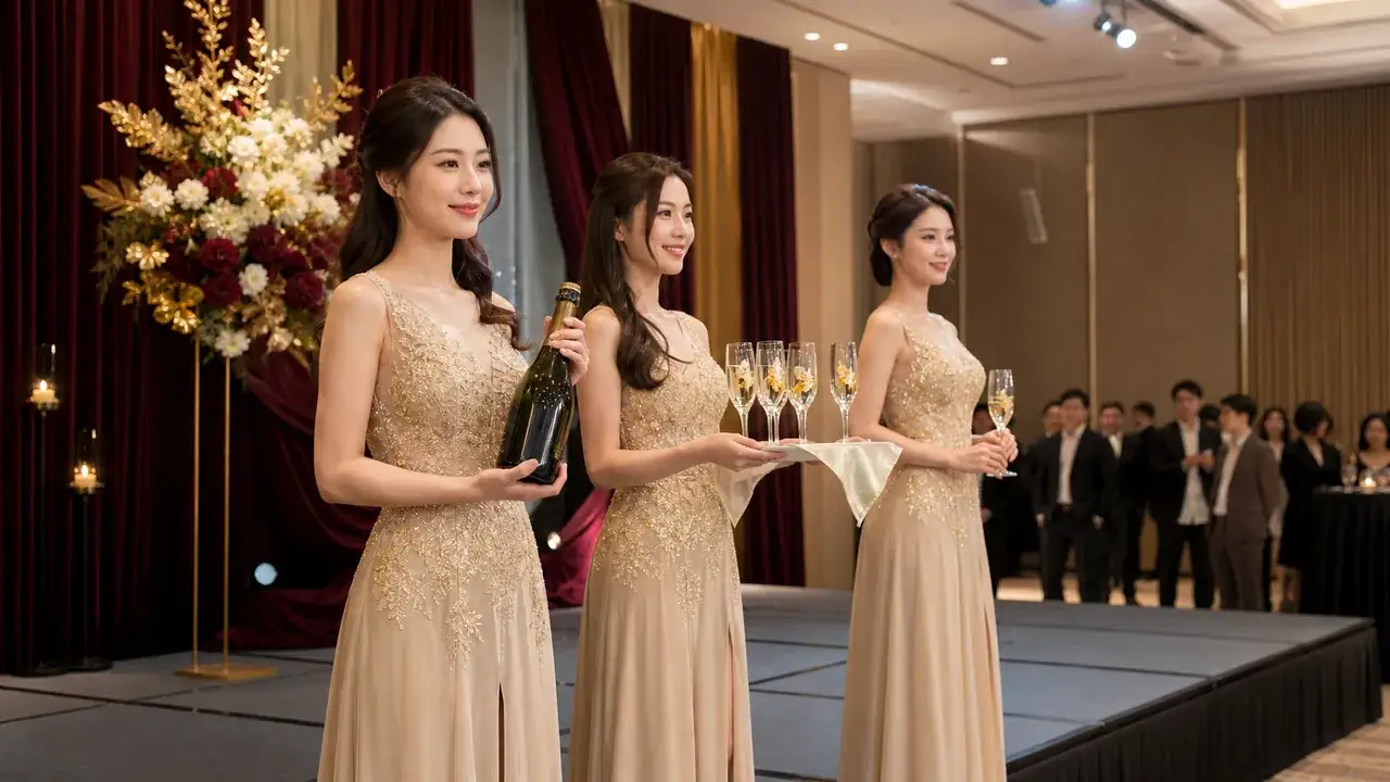 香檳女孩以主題服裝配合燈光、音樂與送酒儀式進場的活動演出情境圖