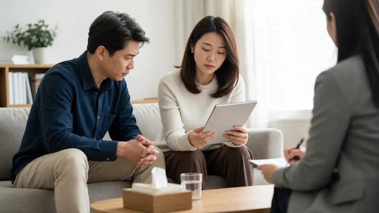 兩名成年人相對而坐整理婚姻關係與修復筆記的情境圖