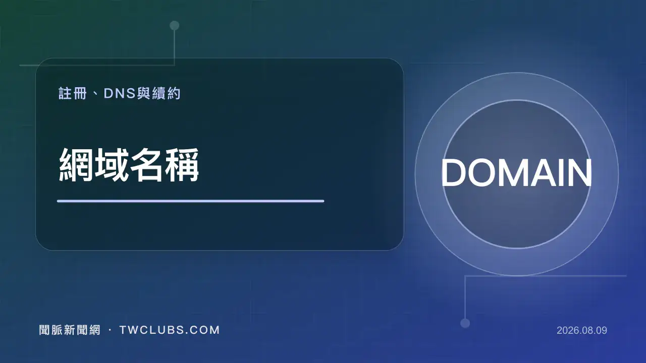 藍綠色網域名稱圖卡呈現網址、DNS、註冊與續約資訊
