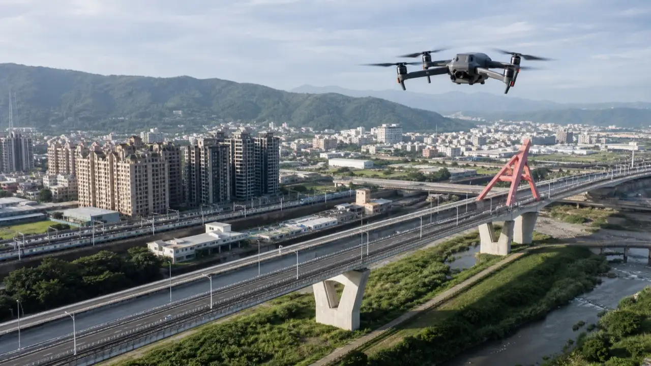 無人機飛越台灣城市與交通設施的情境圖