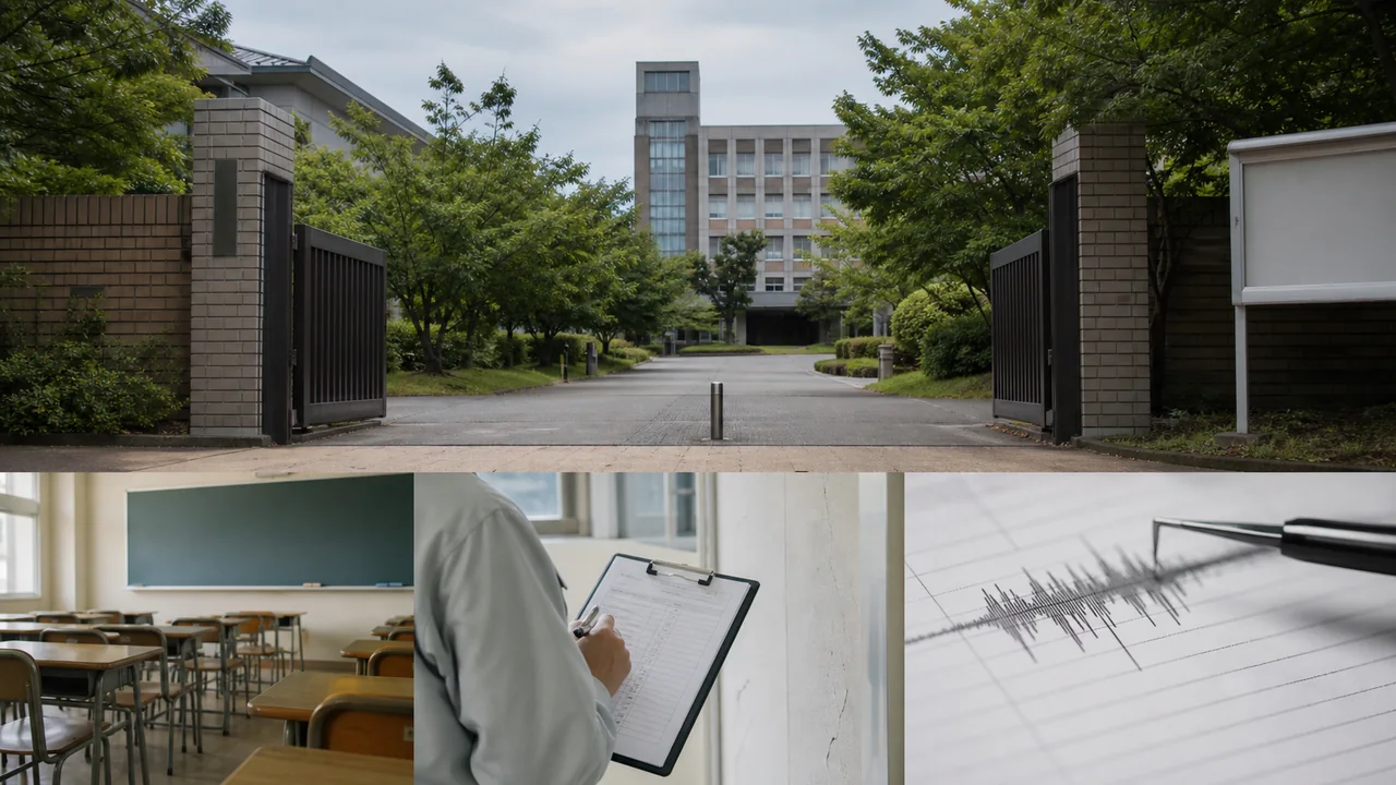 日本大學校門、空教室、檢查板與地震波構成的熊本停課資訊示意圖