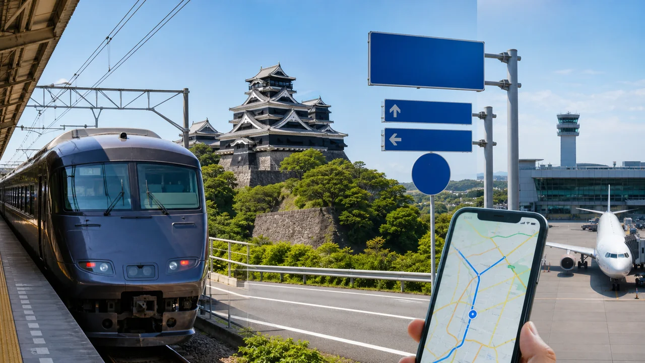 熊本城、列車、機場、道路與手機路線圖構成的旅遊交通示意圖