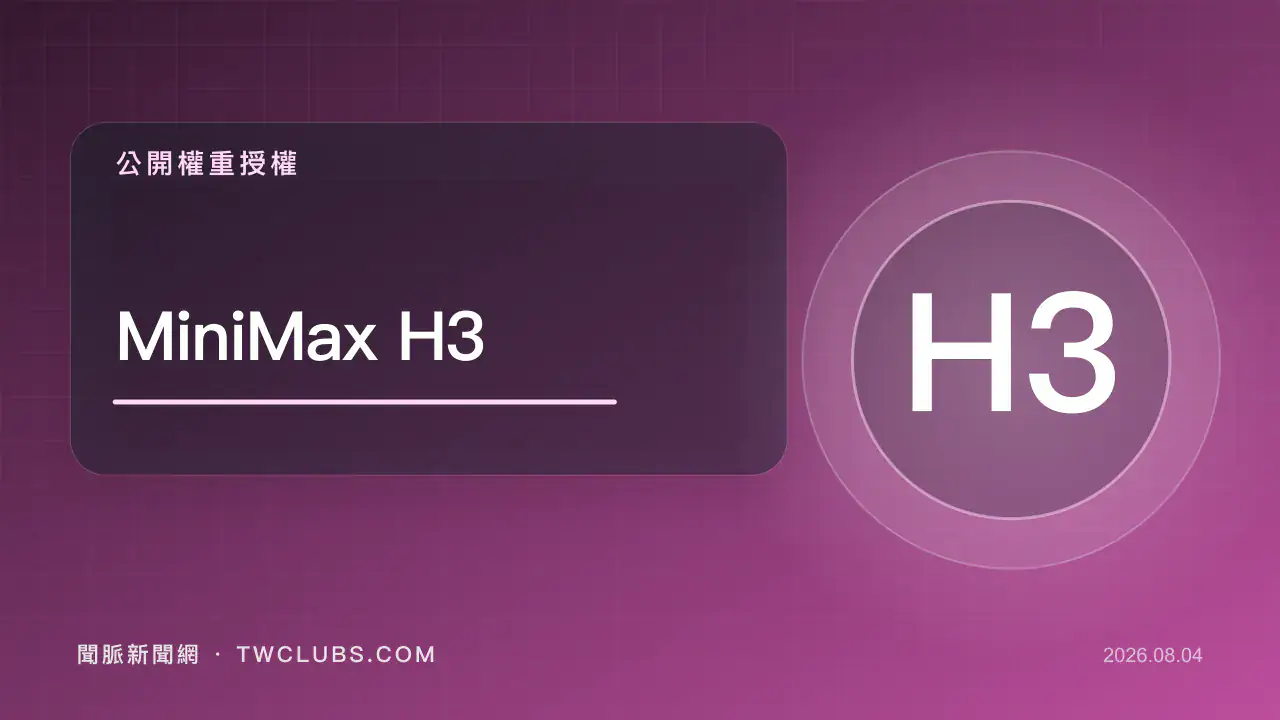 紫紅色生成式AI圖卡標示MiniMax H3、2K影音與公開權重授權