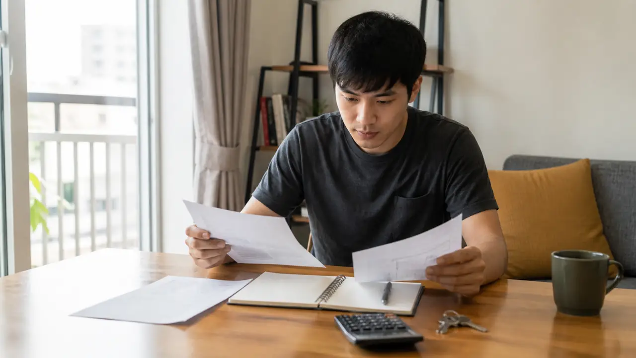 租屋者在明亮室內查看租約、房租預算與住宅申請資料的情境圖