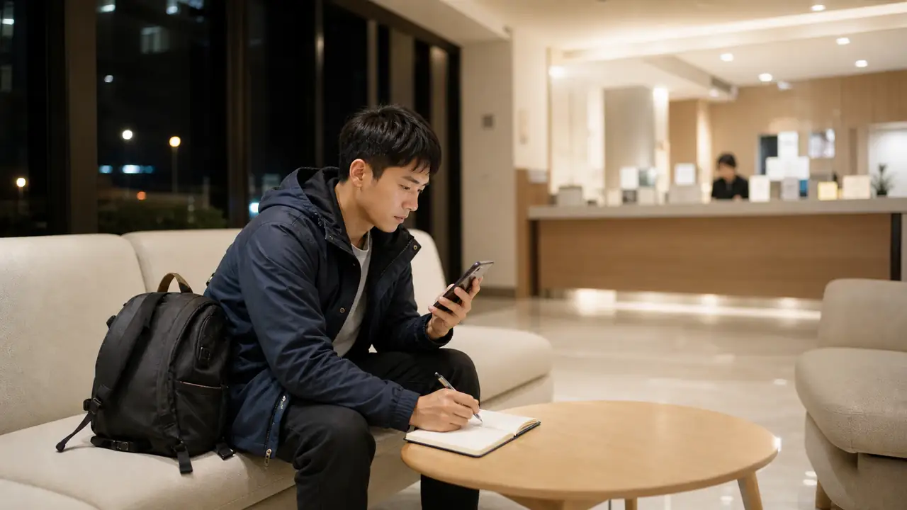 一名成年人帶著簡單行李，在明亮公共空間用手機聯絡正式安置資源的情境圖