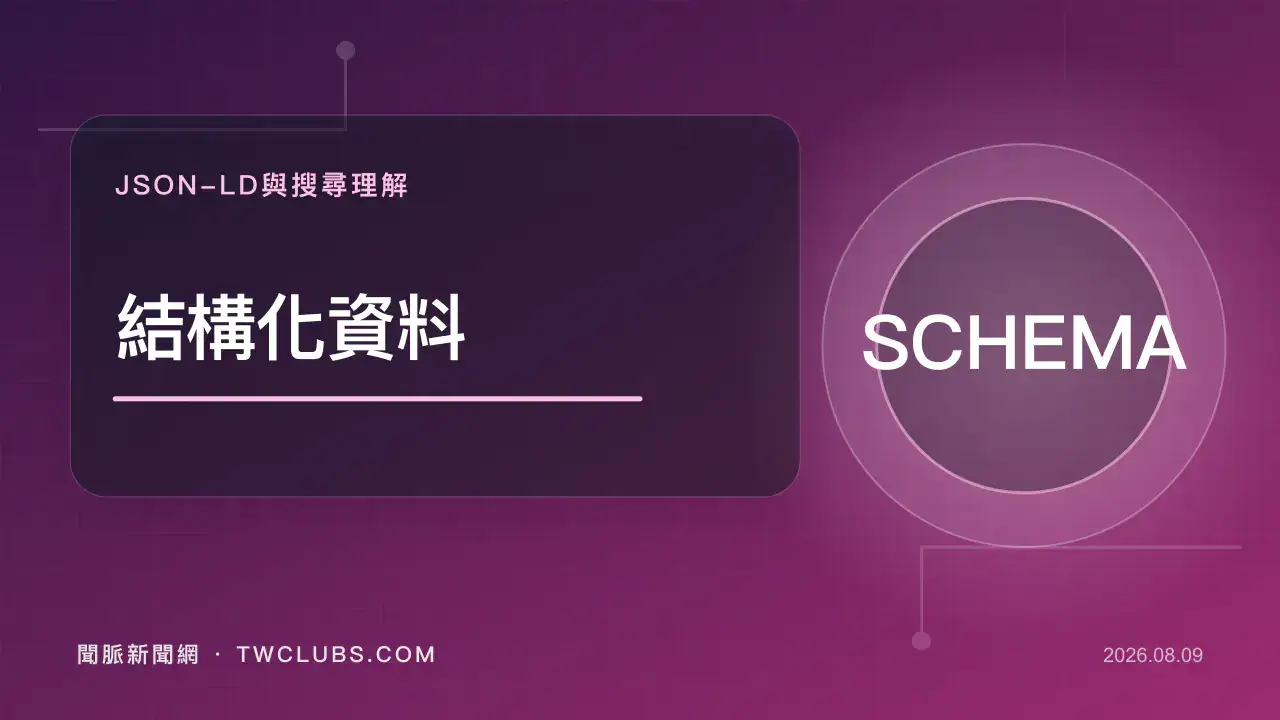 紫紅色結構化資料圖卡呈現JSON-LD程式碼、節點與搜尋結果
