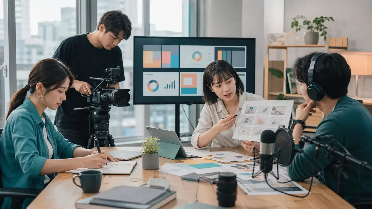 台中城市場景前，新聞、品牌、公關、社群、影像與活動團隊協作的傳播產業情境圖