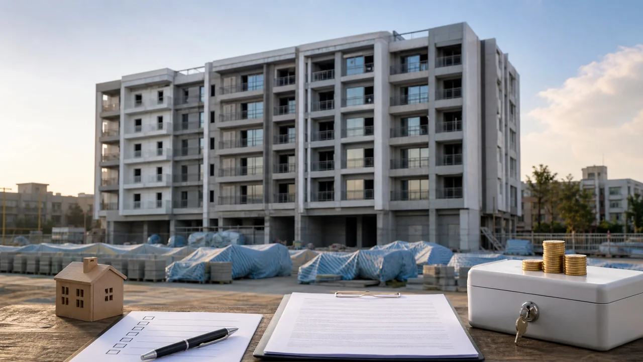 接近完工但暫停施工的集合住宅、空白契約與驗屋文件構成的交屋爭議示意圖