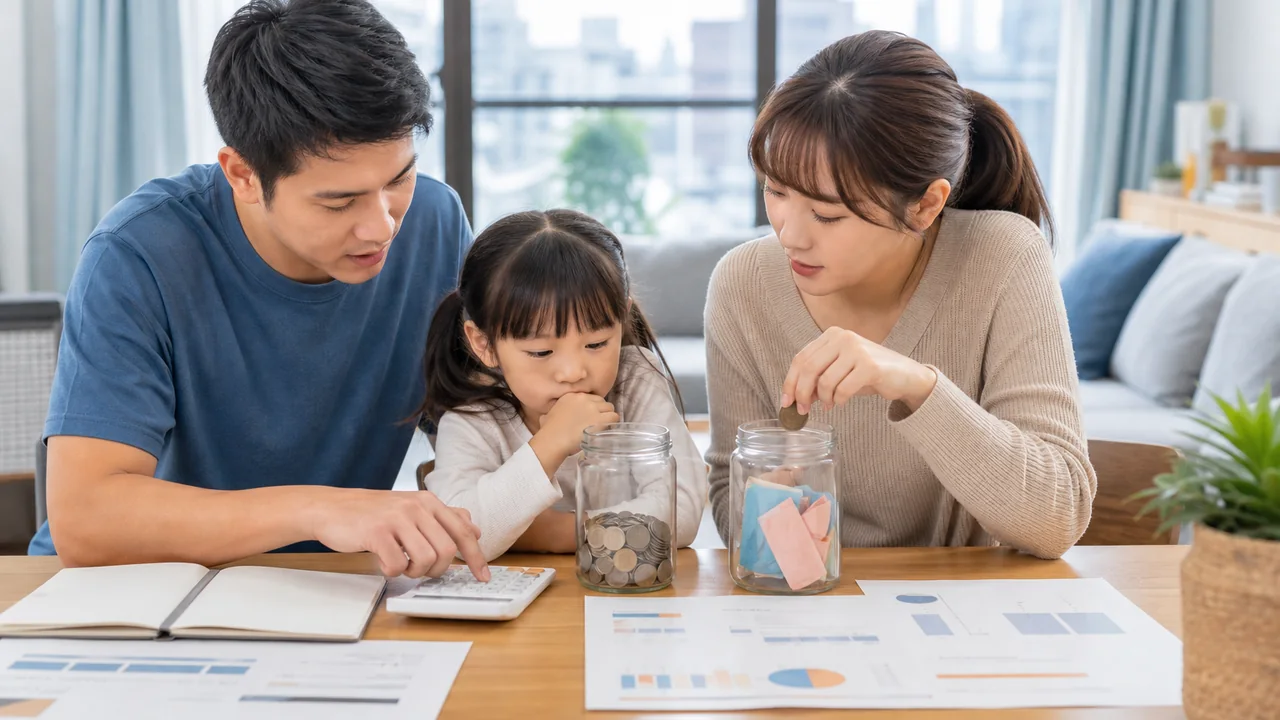 台灣家庭以兩個儲蓄罐規劃孩子成長與未來資金的情境圖