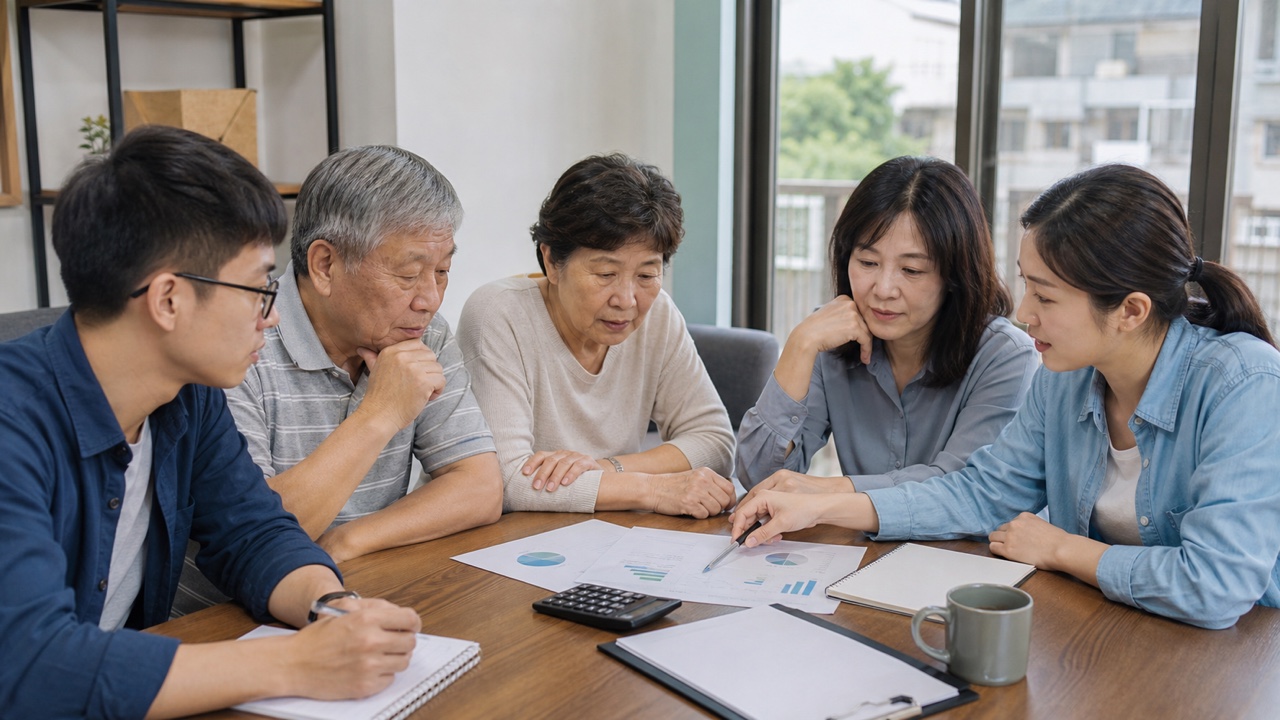 不同世代的台灣民眾共同檢視退休與年金制度資料的情境圖
