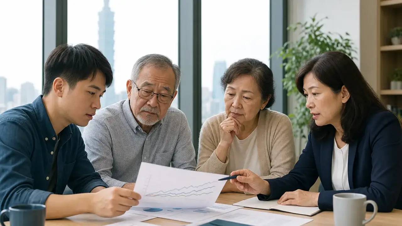 不同世代的台灣民眾共同檢視退休與年金制度資料的情境圖