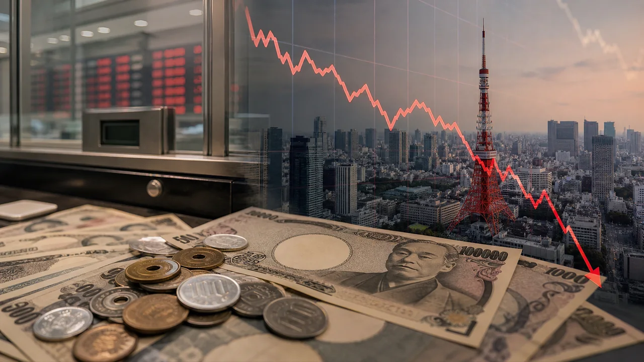 日圓紙鈔與硬幣、東京天際線及紅色匯率下跌走勢構成的外匯新聞封面