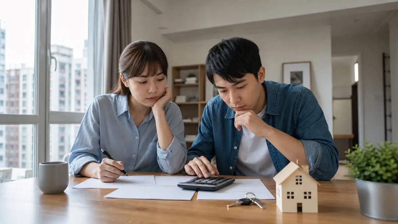 年輕家庭在住家中以計算機評估首購房貸負擔的情境圖